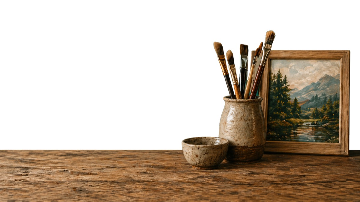 Paint brushes and a framed canvas ready for a painting session